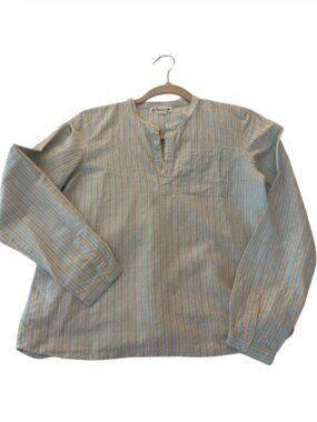 Bonpoint Boys Striped Band Collar Shirt Blue Tan Size 12Y